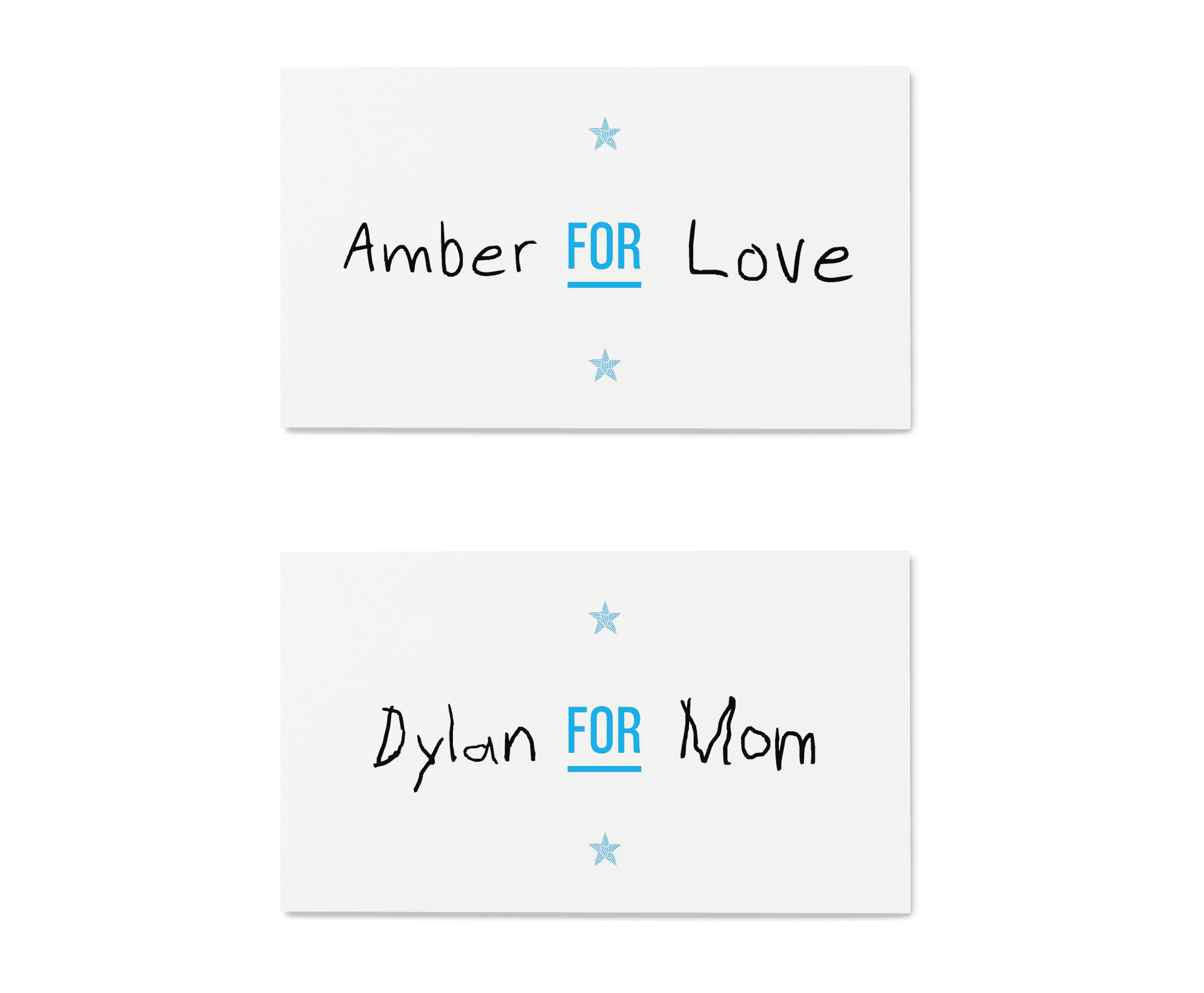 Cards with handwritten messages that read "Amber for Love" and "Dylan for Mom"