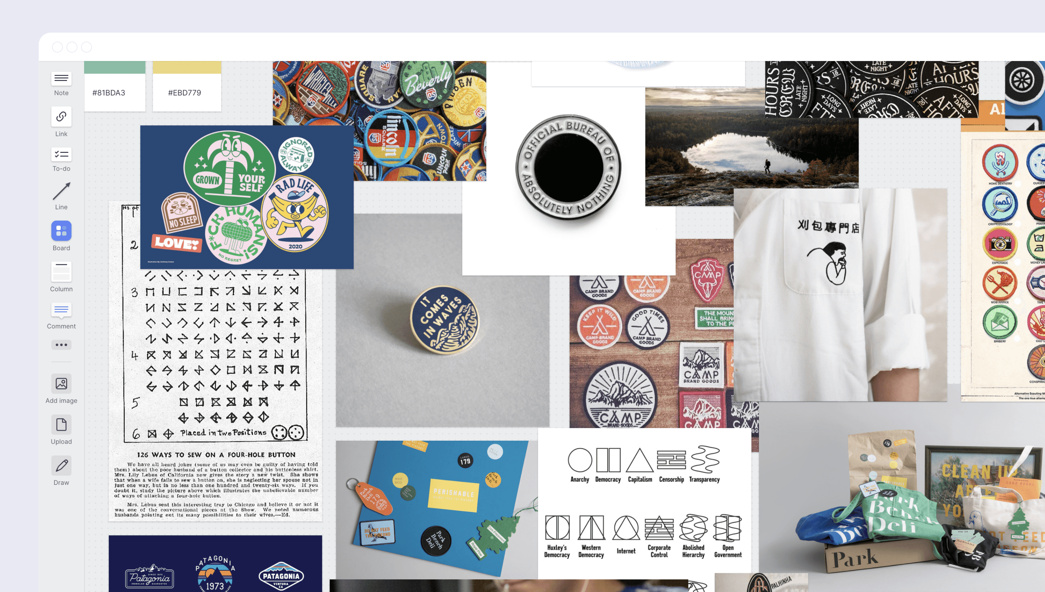 Moodboard with references we collected for the Odd Camp brand