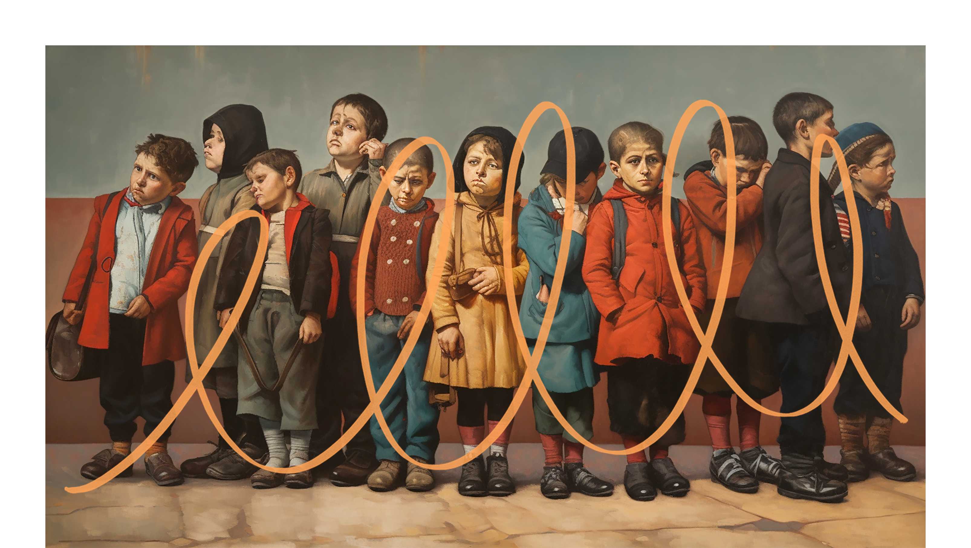 Stylised scribble superimposed onto a painting of a group of kids standing, generated by Midjourney