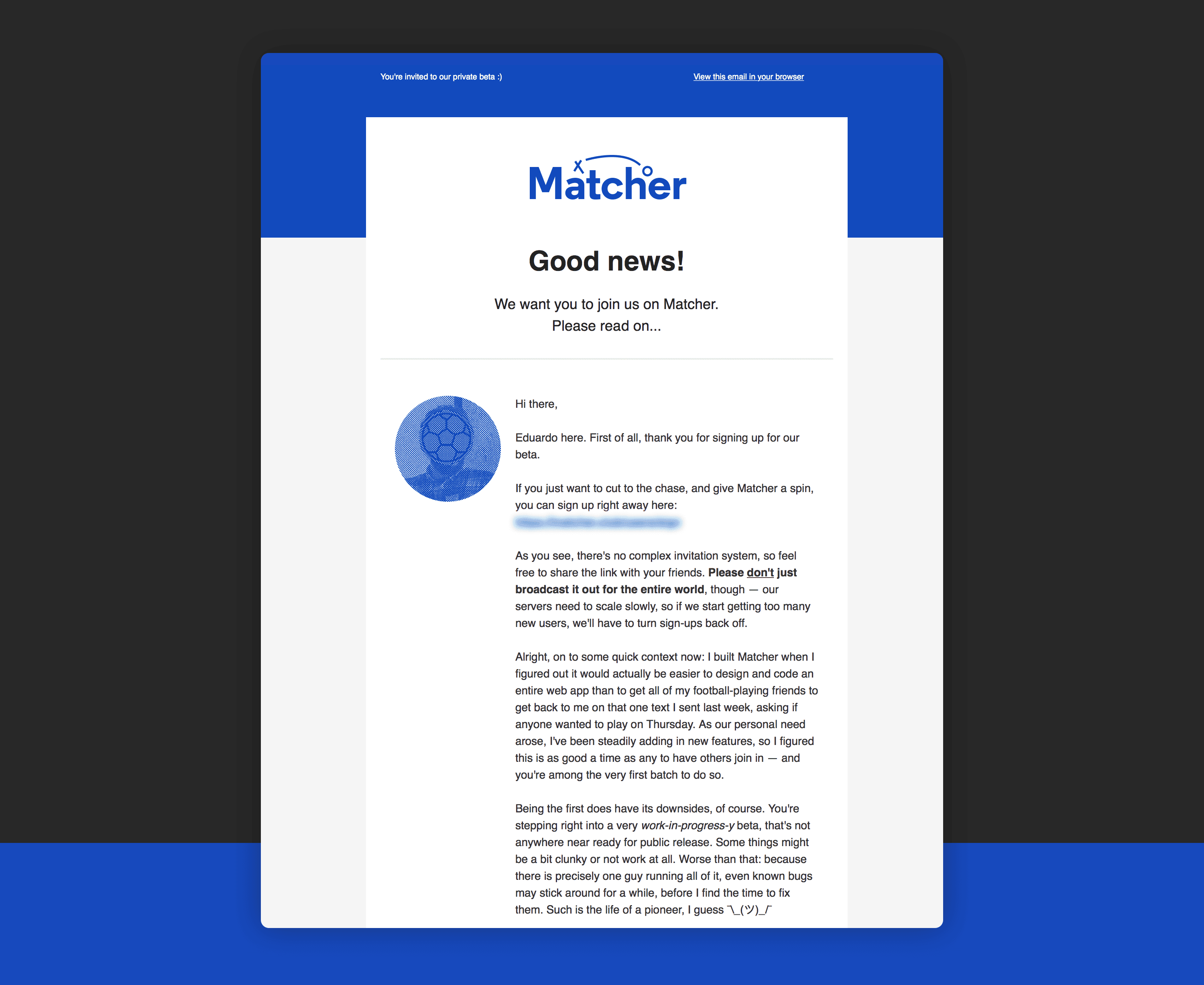 Matcher. Beta Invitation E-mail